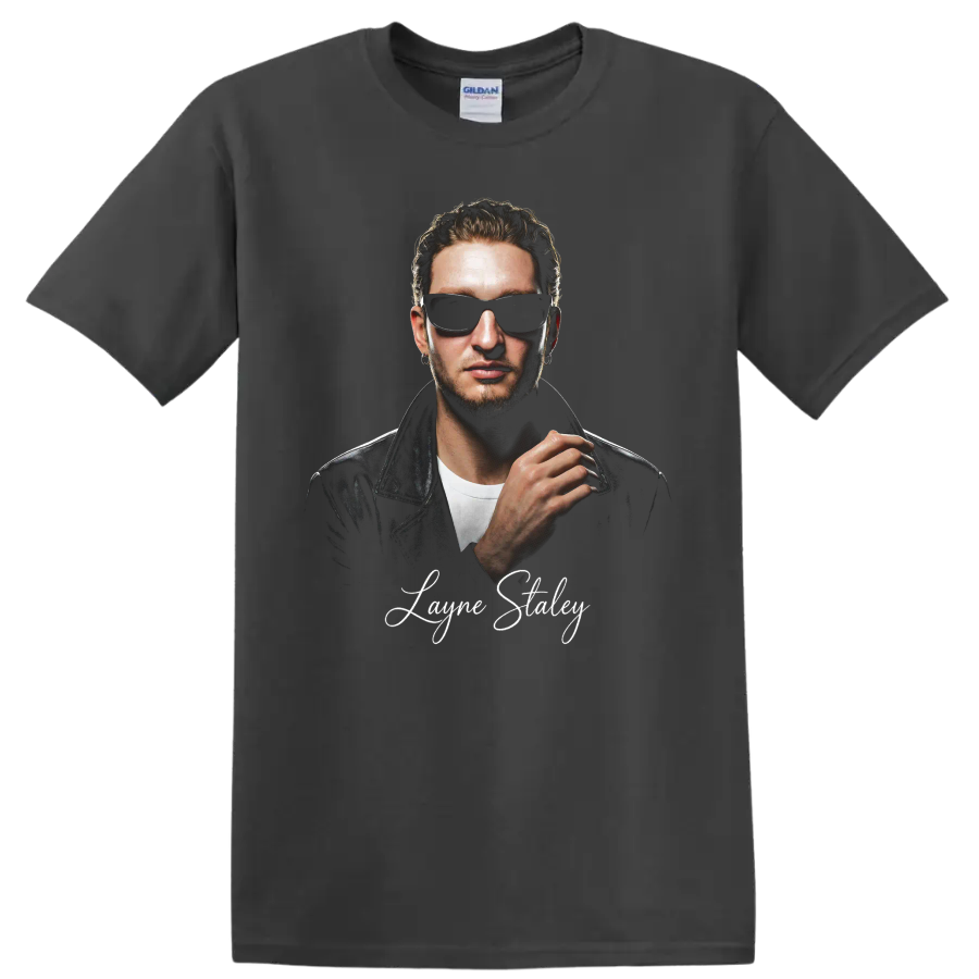 Layne Staley portrait in sunglasses and leather jacket with signature on a Charcoal T Shirt