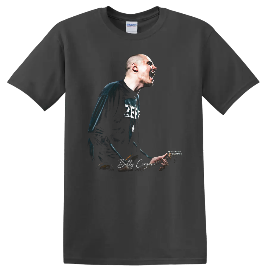 Billy Corgan performing with guitar in a bold alternative rock graphic on a Charcoal T Shirt