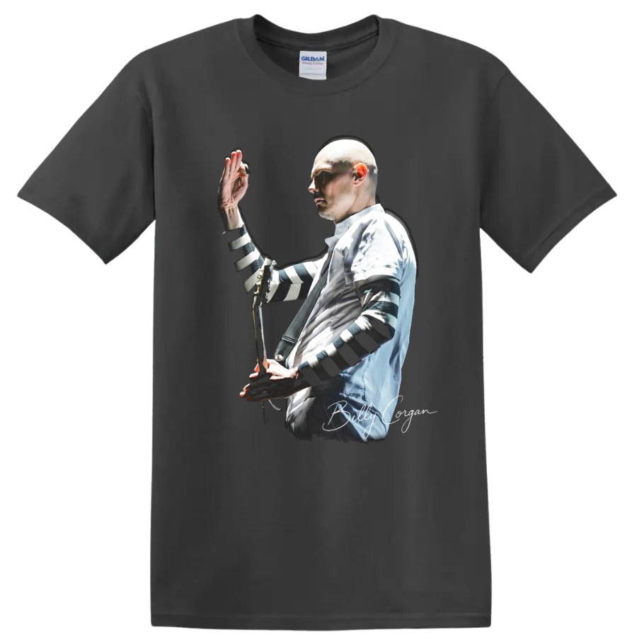 Billy Corgan performing with guitar, high-contrast alternative rock portrait on a Charcoal T Shirt