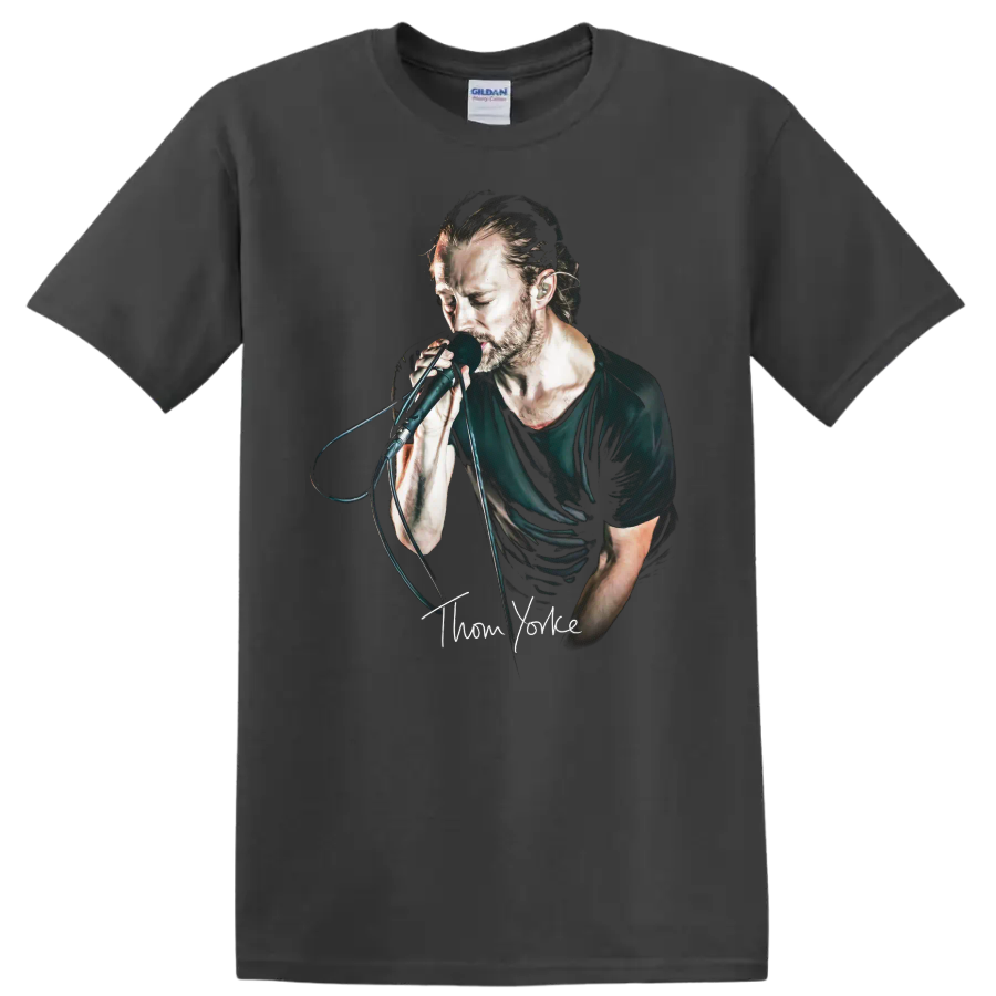 Thom Yorke portrait singing into a microphone in a dark graphic style on a Charcoal T Shirt
