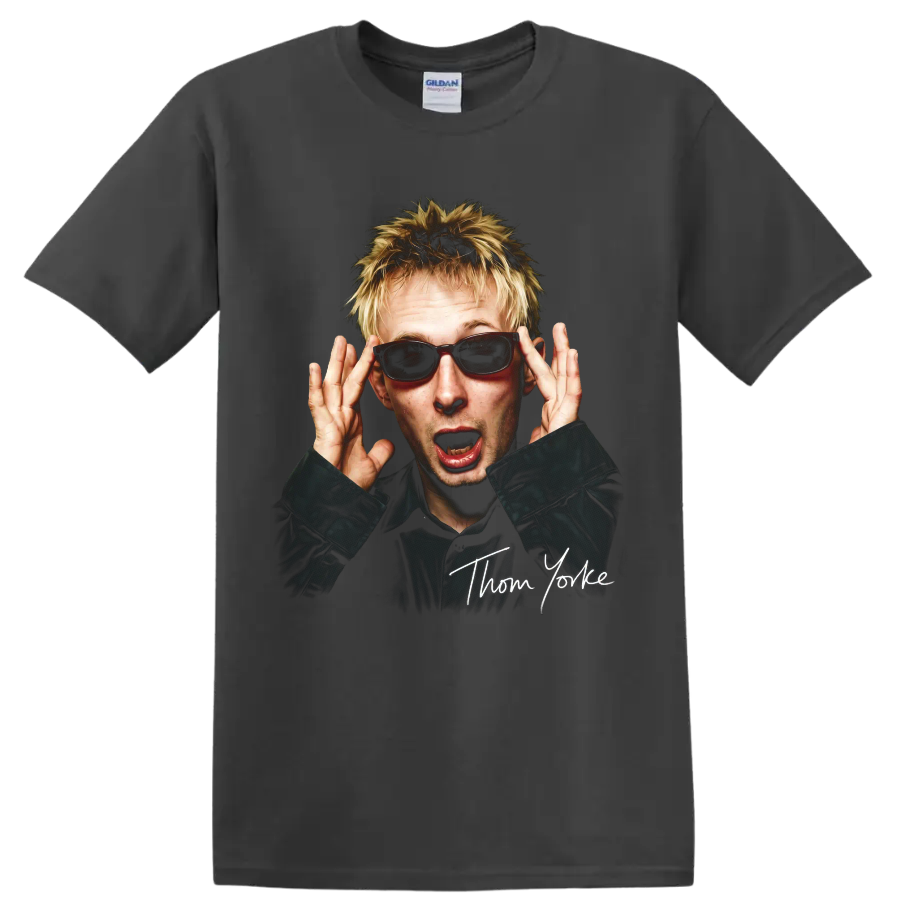 Thom Yorke portrait in sunglasses with handwritten-style name on a Charcoal T Shirt