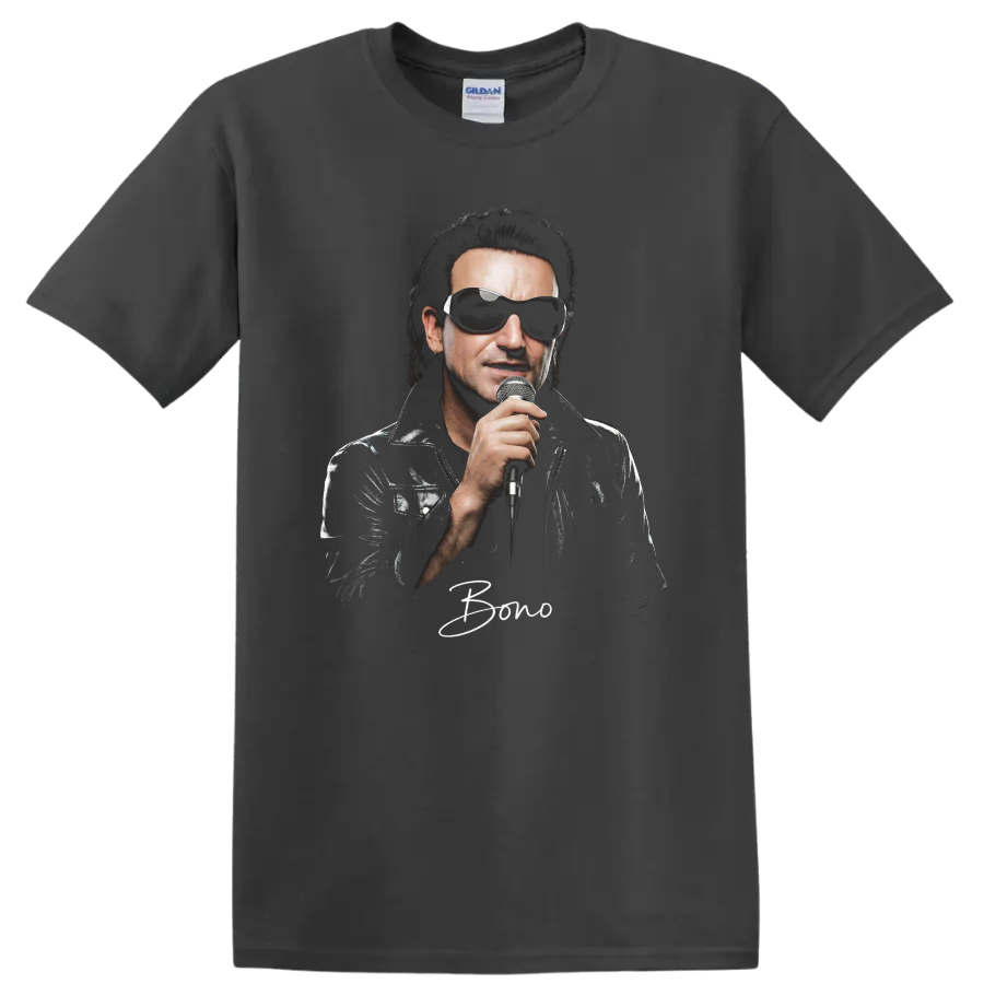 Bono of U2 holding a microphone in a high-contrast rock portrait on a Charcoal T Shirt