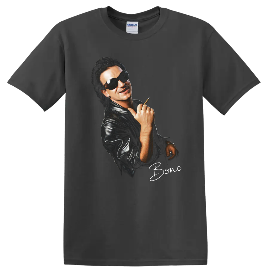 Bono U2 rock portrait wearing sunglasses and a leather jacket on a Charcoal T Shirt