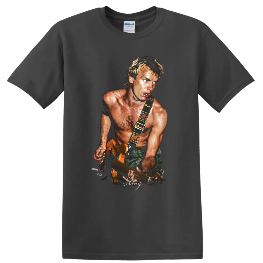 Sting playing a bass guitar in a dramatic rock music portrait on a Charcoal T Shirt