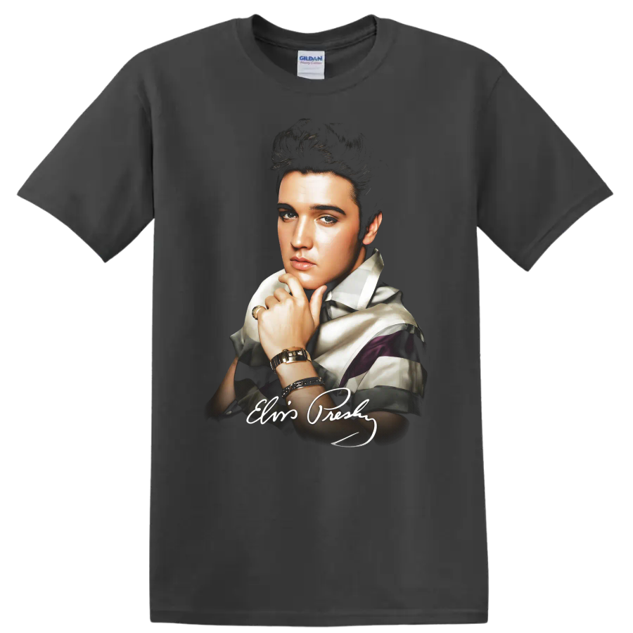 Elvis Presley pop art portrait with vintage rock and roll style on a Charcoal T Shirt