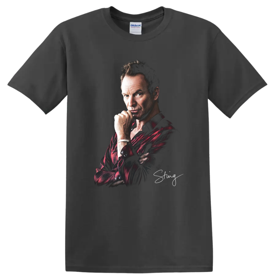 Sting portrait in red plaid shirt with signature-style graphic on a Charcoal T Shirt