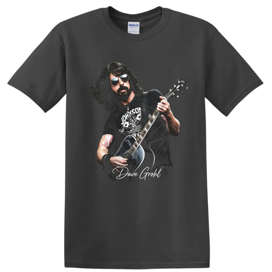 Dave Grohl guitar portrait graphic print on a Charcoal T Shirt