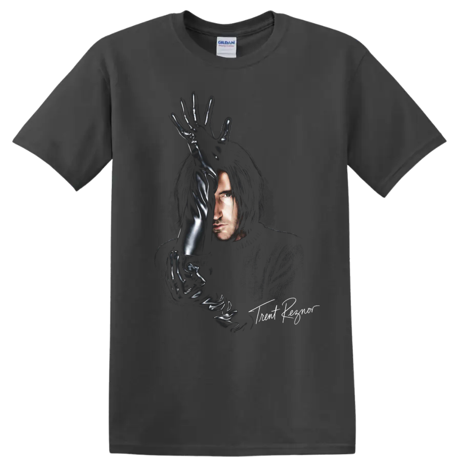 Trent Reznor portrait with glossy black gloves in an industrial rock graphic on a Charcoal T Shirt