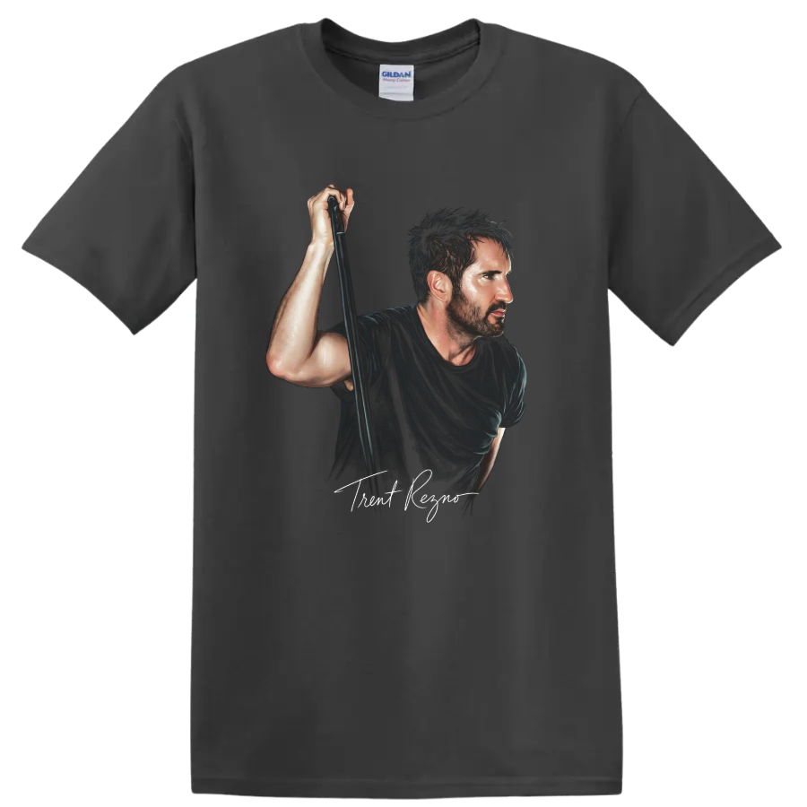Trent Reznor Nine Inch Nails industrial rock portrait graphic print on a Charcoal T Shirt
