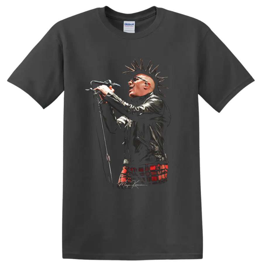 Maynard James Keenan singer portrait with spiked hair and red plaid on a Charcoal T Shirt