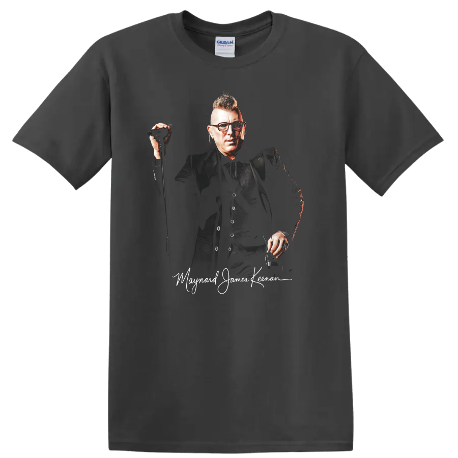 Maynard James Keenan rock portrait with microphone and distressed lettering on a Charcoal T Shirt