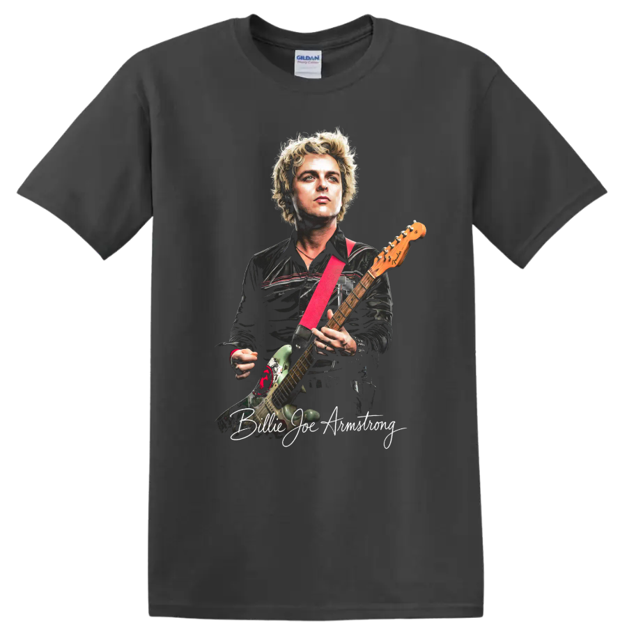 Billie Joe Armstrong Green Day guitar portrait graphic print on a Charcoal T Shirt