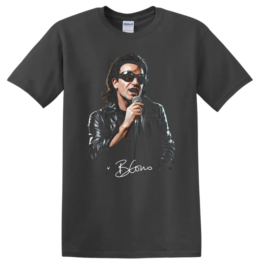 Bono U2 portrait graphic print with microphone, sunglasses, and leather jacket on a Charcoal T Shirt
