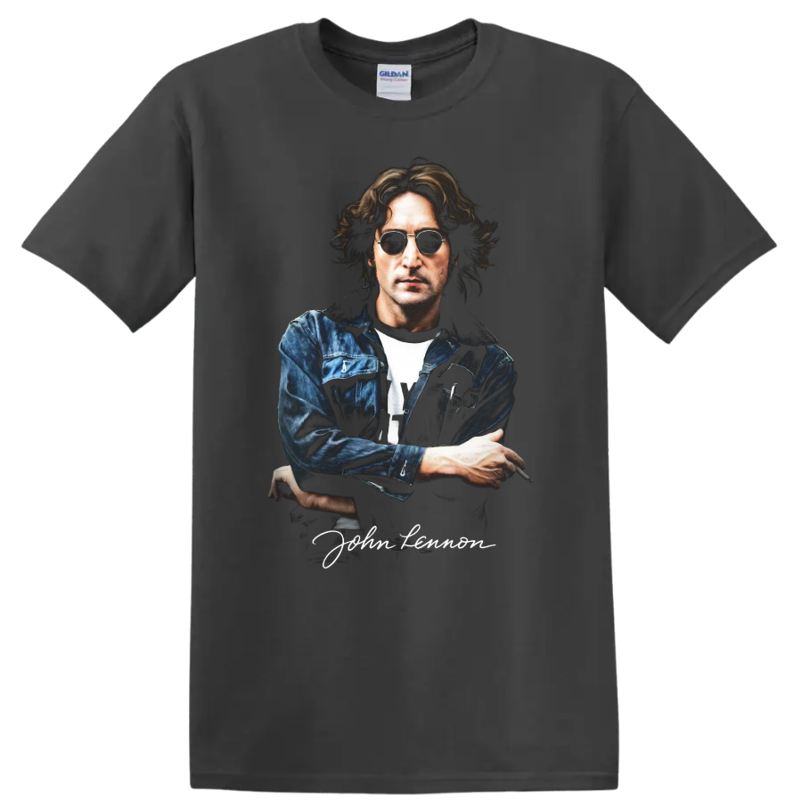 John Lennon portrait graphic with sunglasses and denim jacket on a Charcoal T Shirt