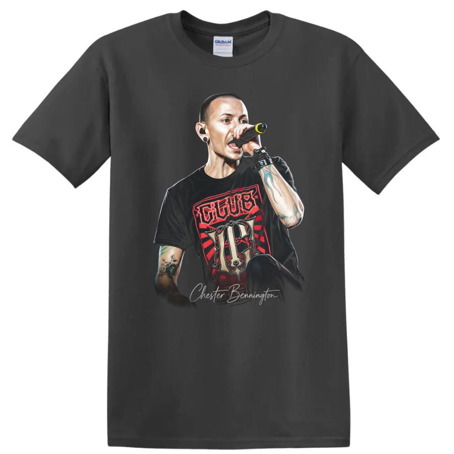 Chester Bennington performing with microphone in bold red and black rock art on a Charcoal T Shirt