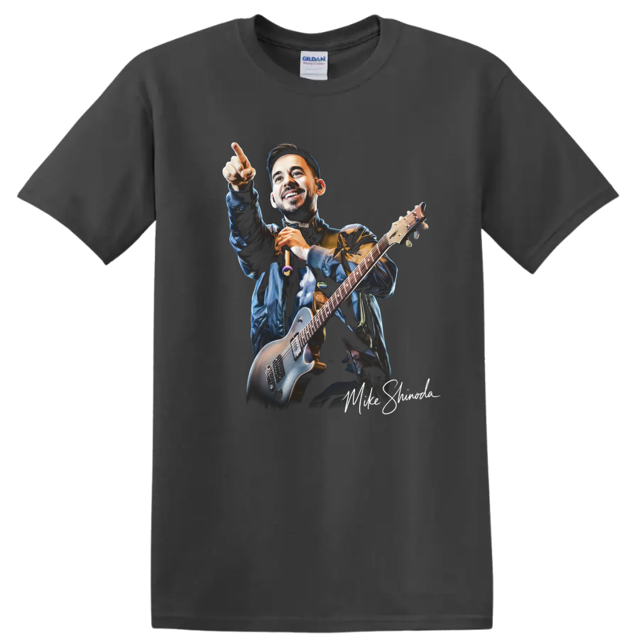 Mike Shinoda playing guitar and pointing in a dynamic concert portrait on a Charcoal T Shirt