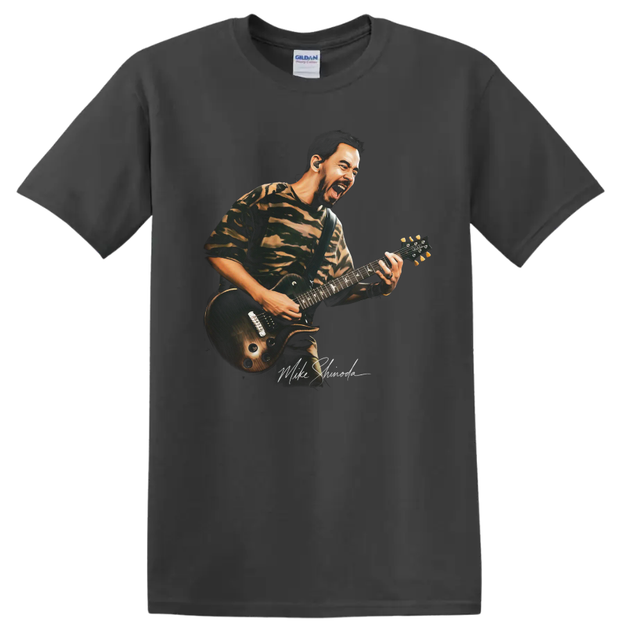 Mike Shinoda playing guitar rock music graphic on a Charcoal T Shirt