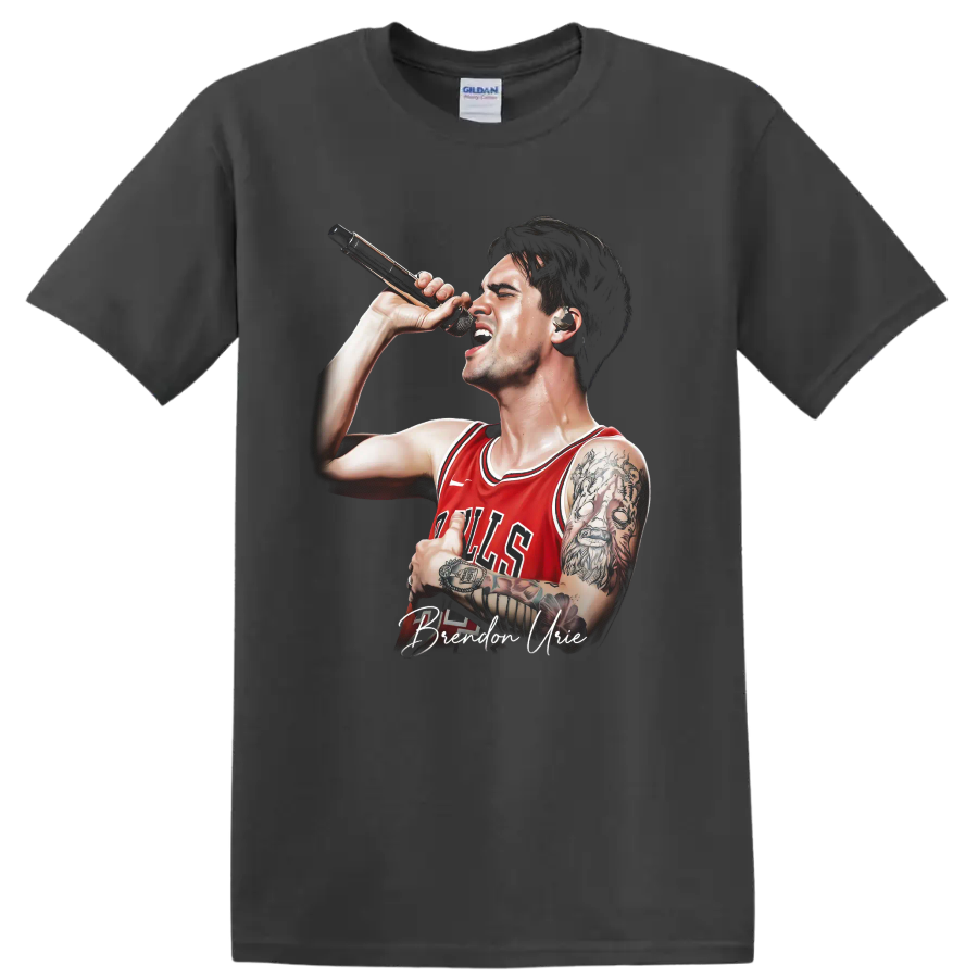 Brendon Urie singing into a microphone in a Bulls jersey graphic on a Charcoal T Shirt