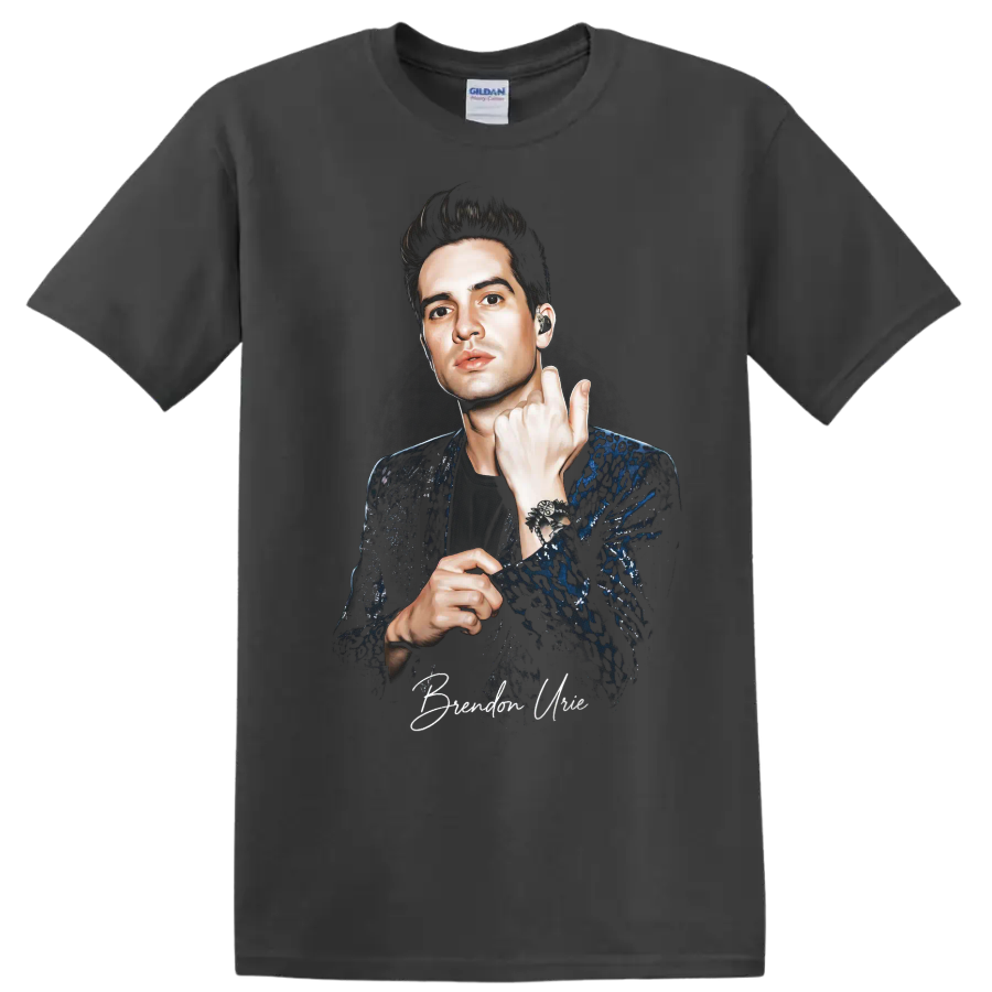 Brendon Urie portrait graphic print in a dramatic performance pose on a Charcoal T Shirt