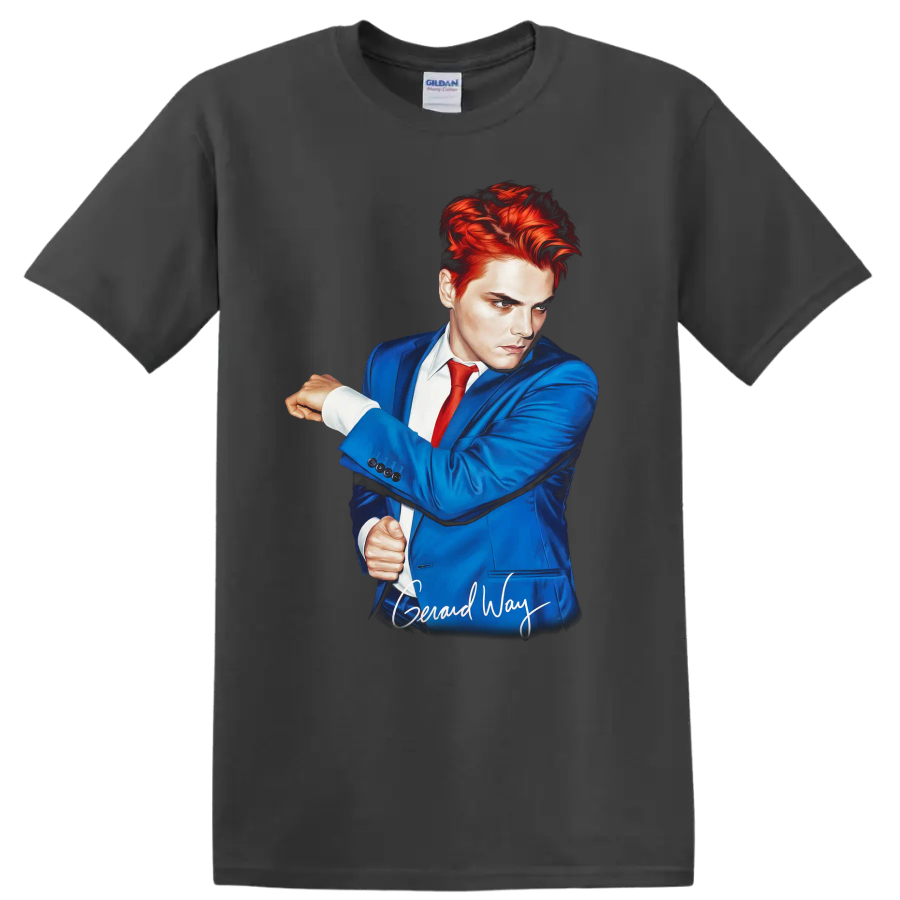 Gerard Way portrait in blue suit and red tie, stylized music fan art on a Charcoal T Shirt