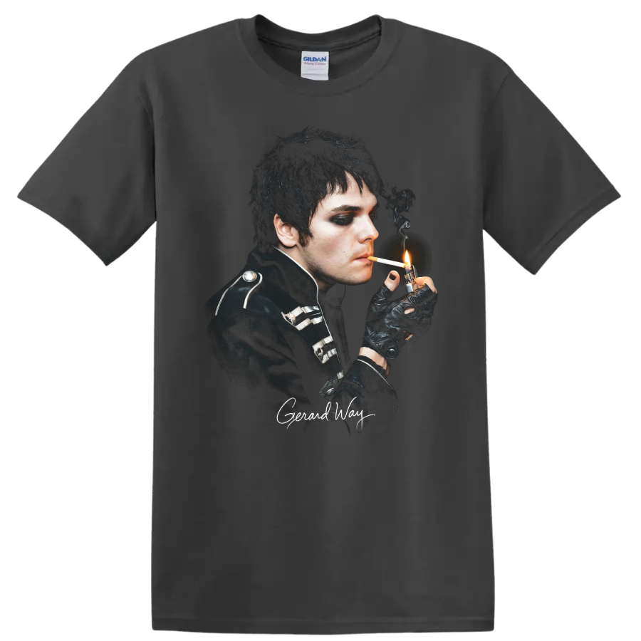 Gerard Way gothic My Chemical Romance portrait with smoky lighting on a Charcoal T Shirt