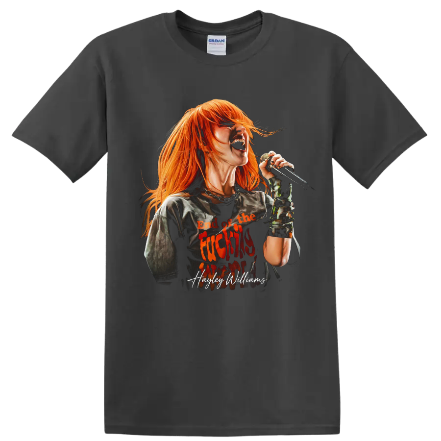 Hayley Williams singing into a microphone in bold rock fan art on a Charcoal T Shirt