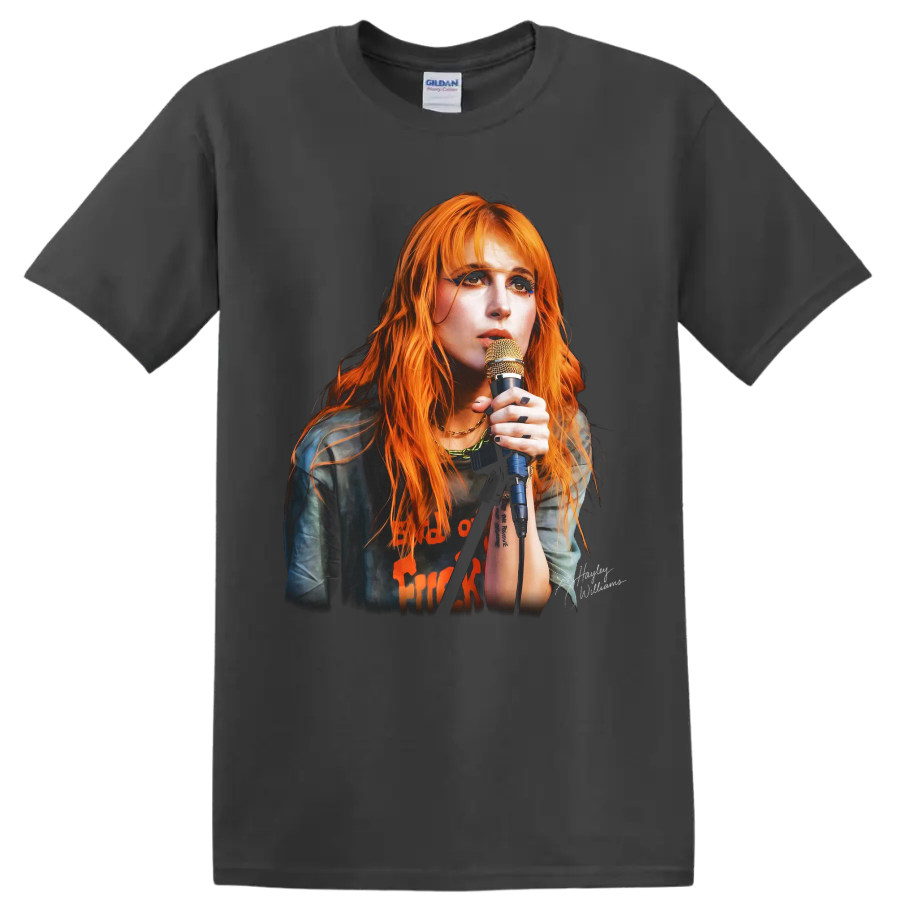 Hayley Williams Paramore rock music poster portrait with microphone on a Charcoal T Shirt