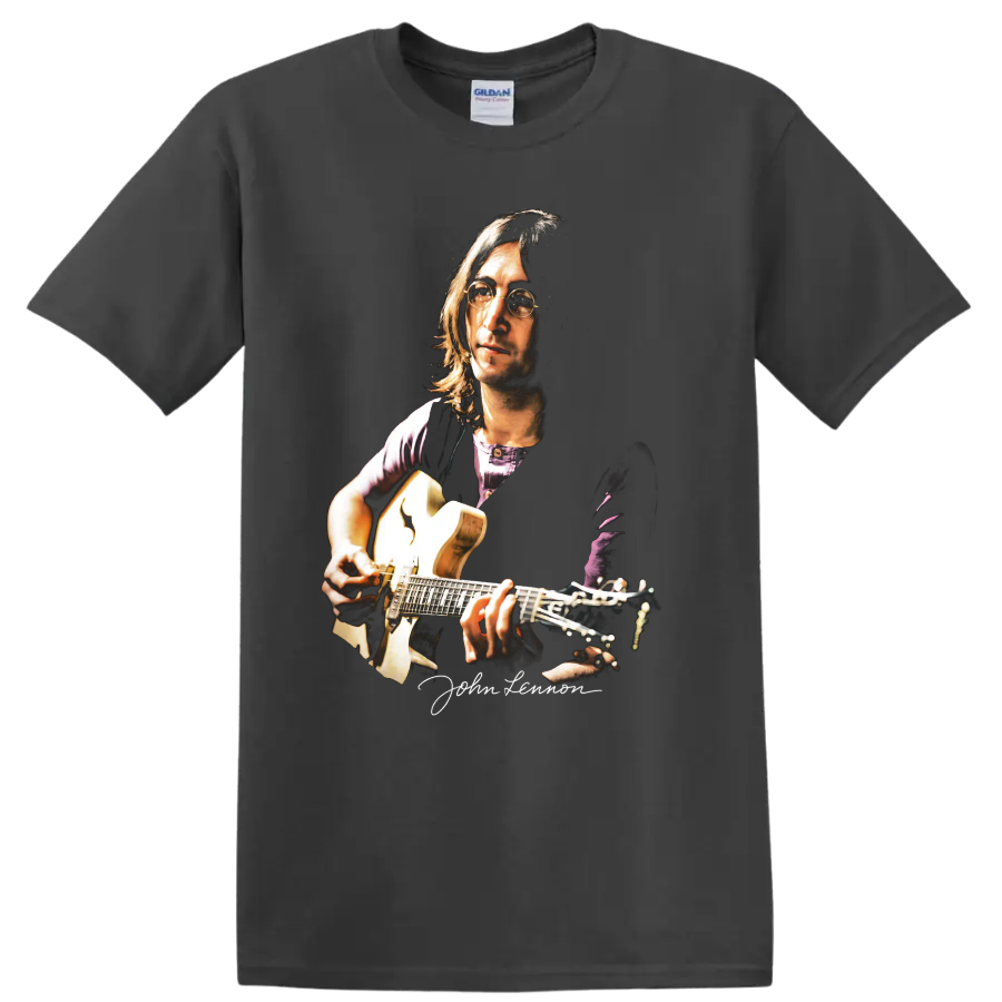 John Lennon portrait playing acoustic guitar, moody music artwork on a Charcoal T Shirt