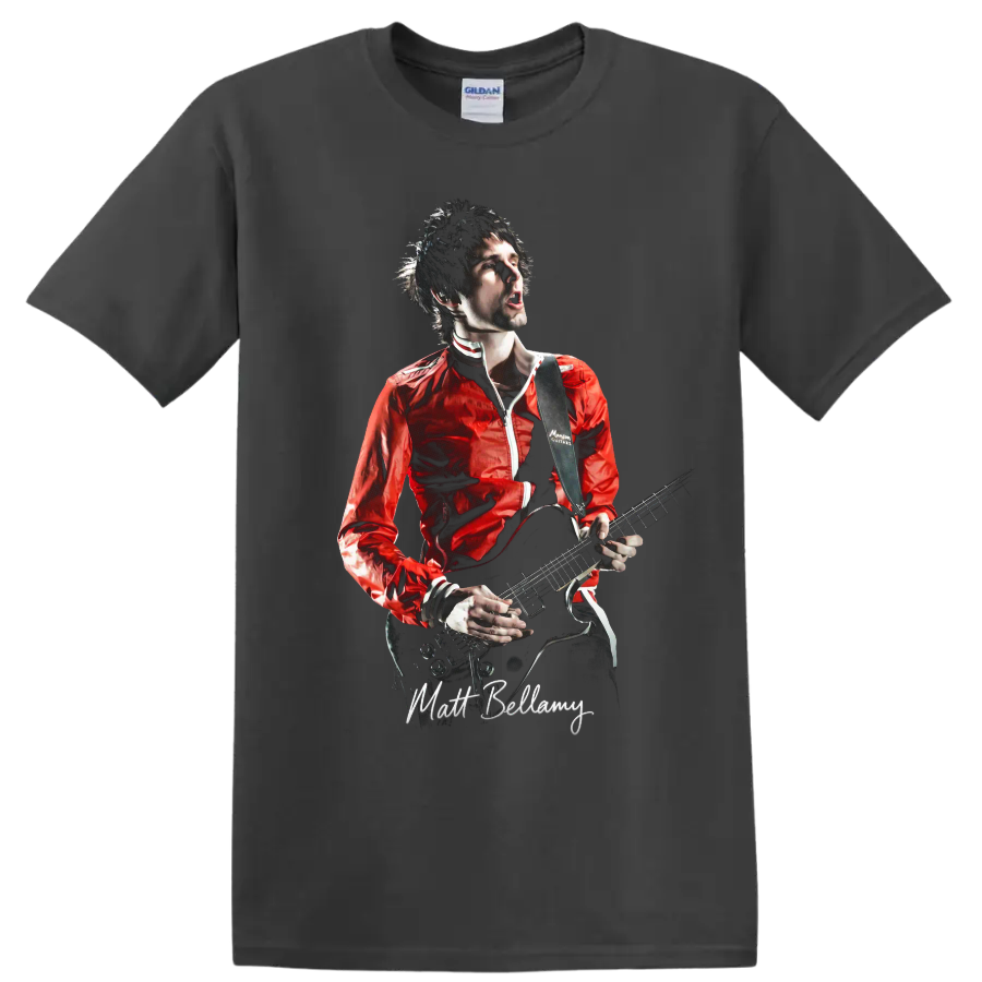 Matt Bellamy of Muse playing electric guitar in bold rock performance artwork on a Charcoal T Shirt