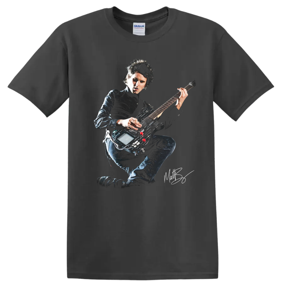 Matt Bellamy of Muse playing electric guitar in a dramatic rock portrait on a Charcoal T Shirt