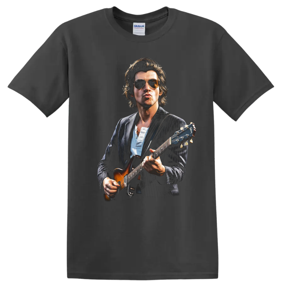 Alex Turner of Arctic Monkeys playing guitar in a realistic portrait on a Charcoal T Shirt