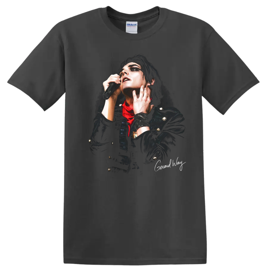 Gerard Way performing in dramatic Black Parade era graphic portrait on a Charcoal T Shirt