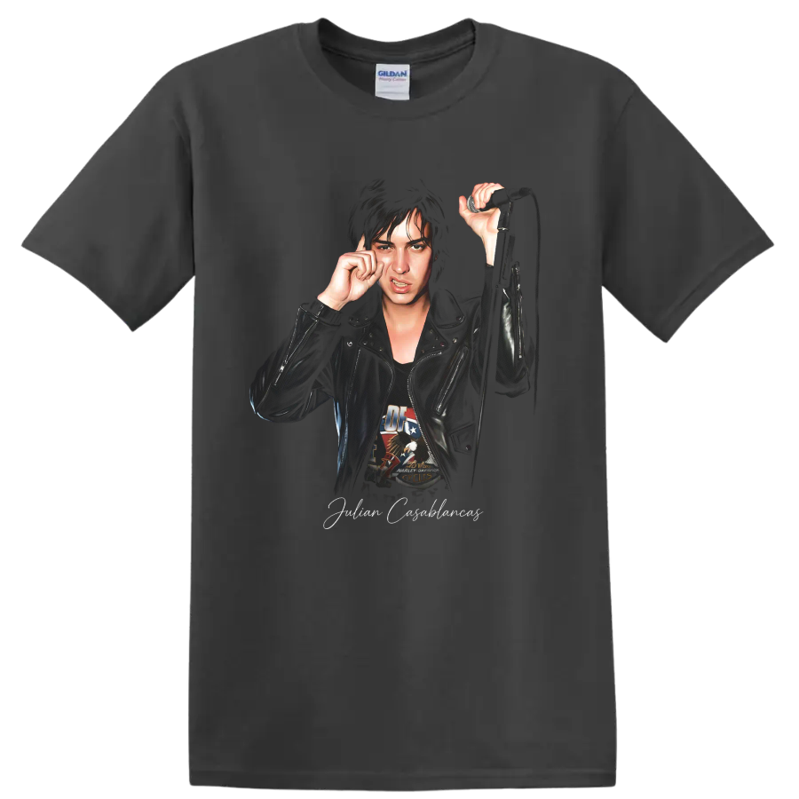 Julian Casablancas portrait with microphone, illustrated rock music design on a Charcoal T Shirt