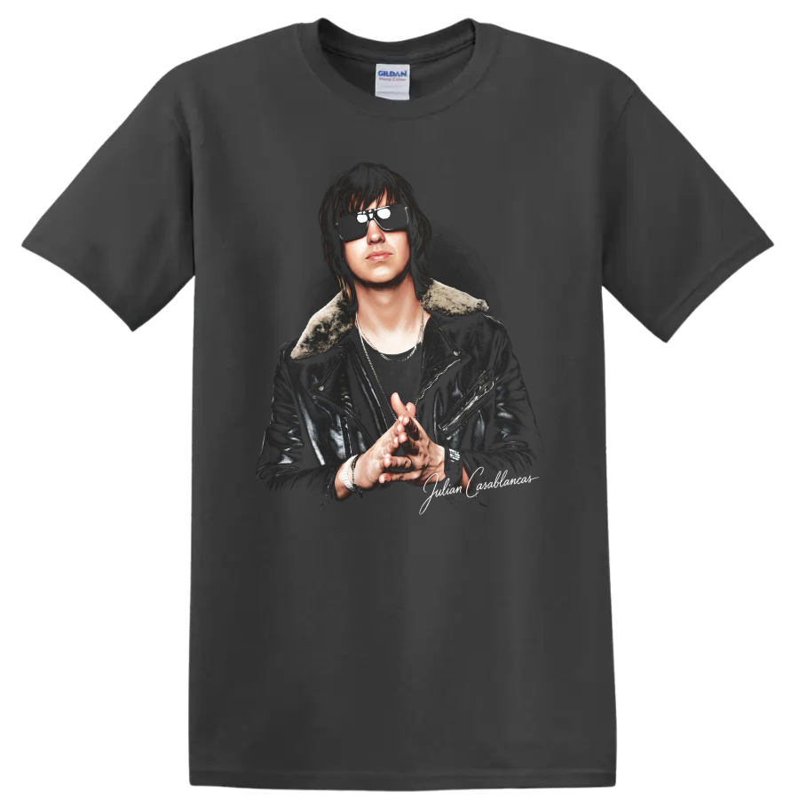 Julian Casablancas portrait with sunglasses and leather jacket on a Charcoal T Shirt