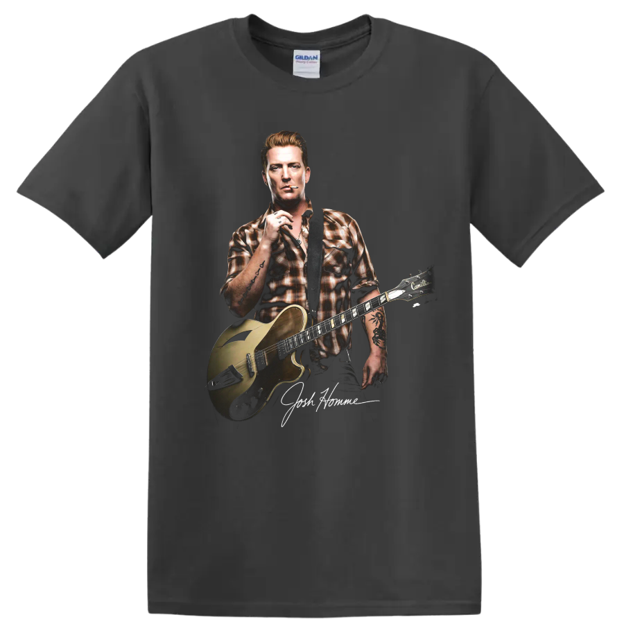 Josh Homme guitar portrait graphic with Queens of the Stone Age rock style on a Charcoal T Shirt