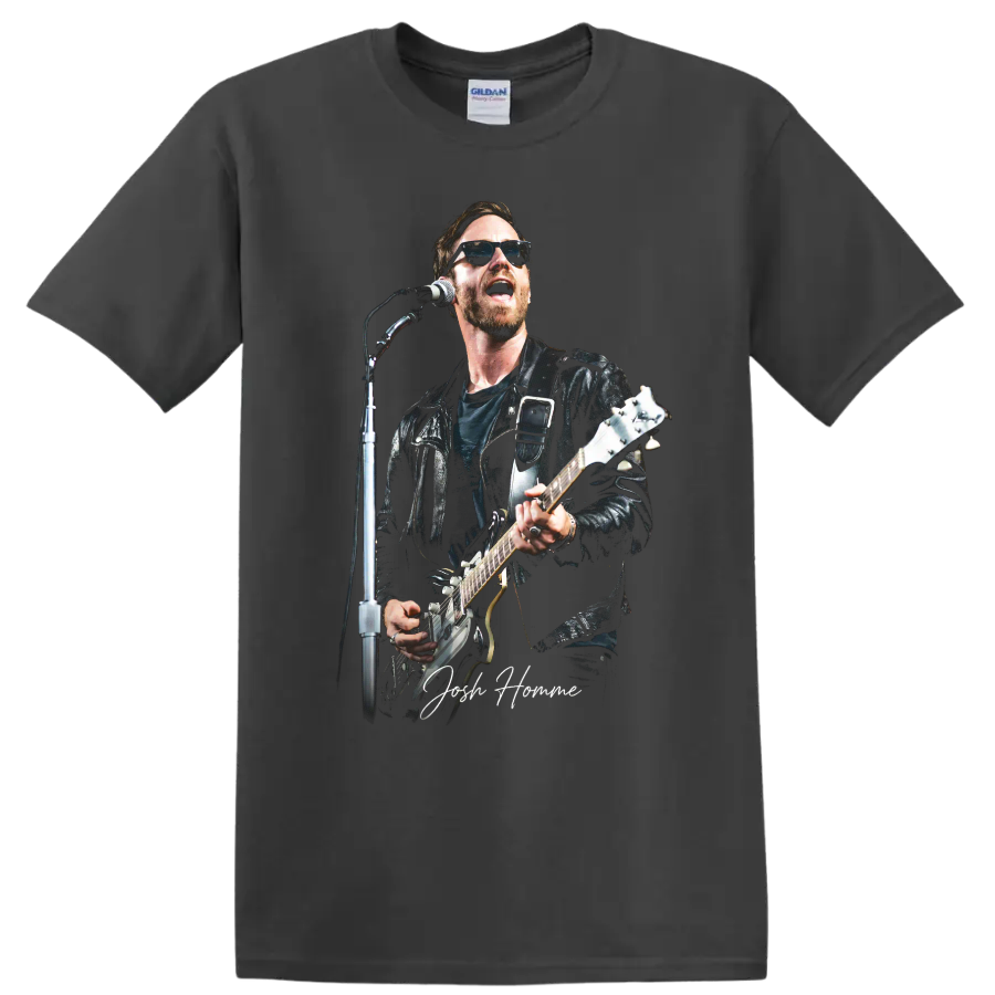 Josh Homme performing with guitar in a dark illustrated rock portrait on a Charcoal T Shirt