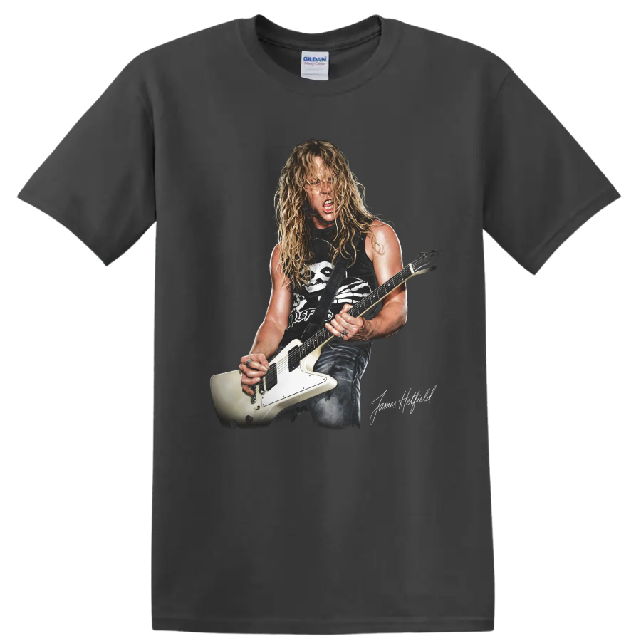 James Hetfield of Metallica playing a white Explorer guitar, heavy metal artwork on a Charcoal T Shirt
