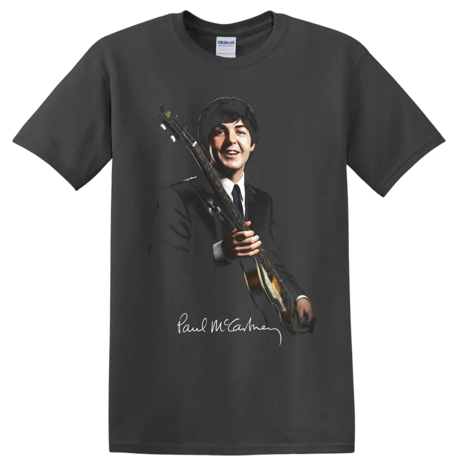 Paul McCartney holding a Höfner bass guitar in a classic rock portrait on a Charcoal T Shirt