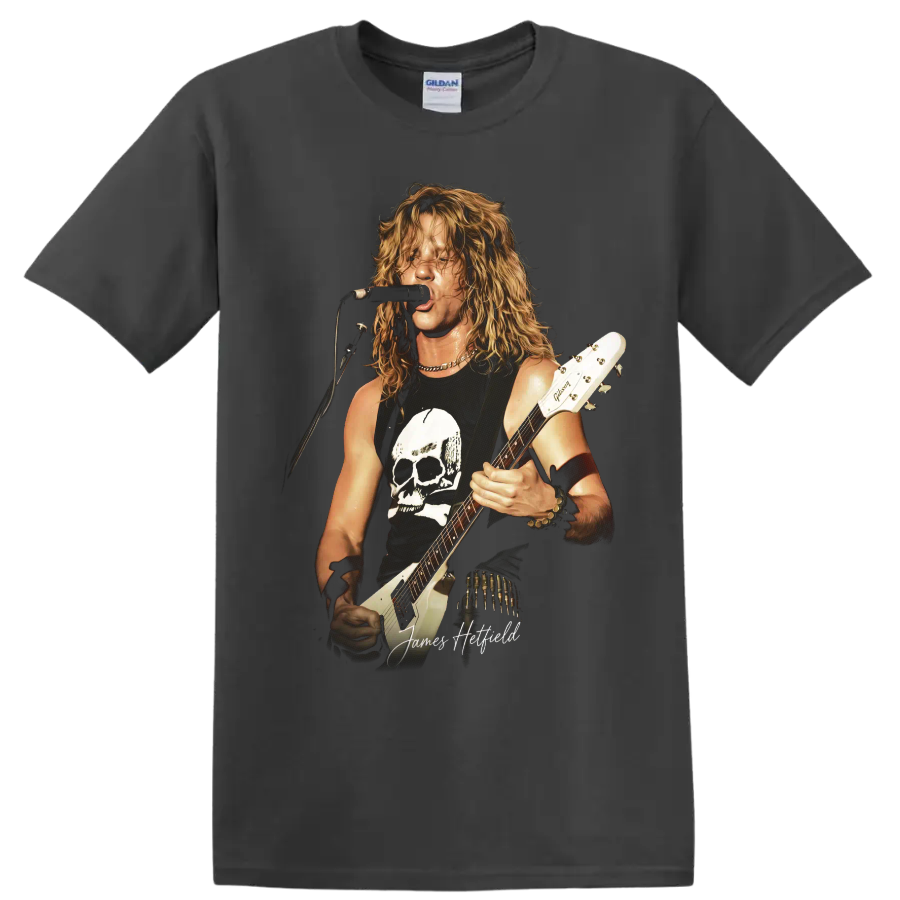 James Hetfield Metallica guitarist performing with a skull graphic on a Charcoal T Shirt