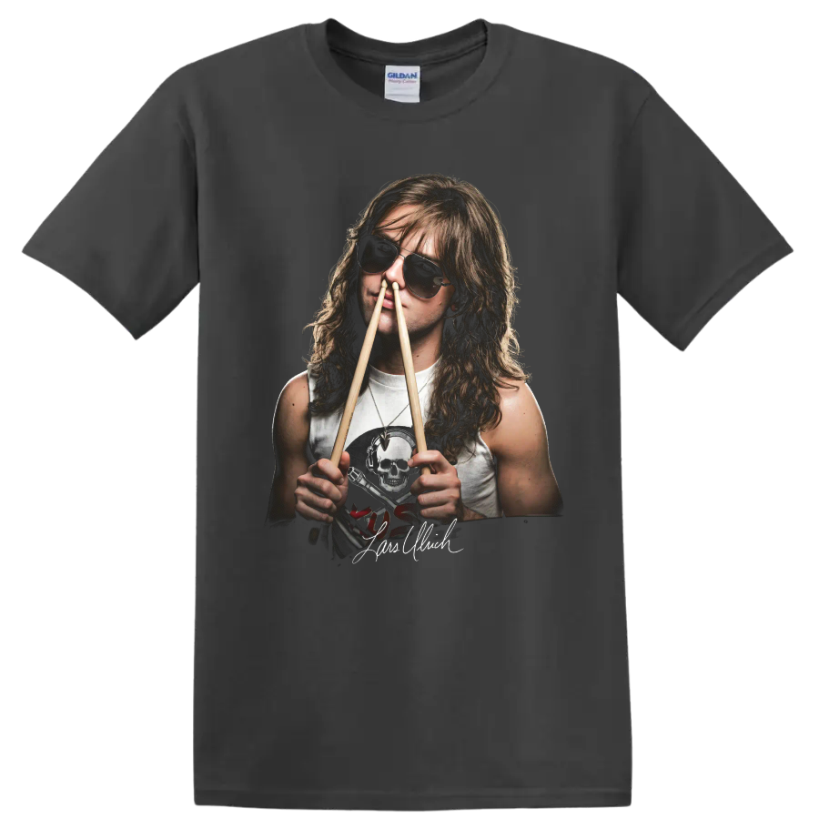 Lars Ulrich heavy metal drummer portrait with sunglasses and drumsticks on a Charcoal T Shirt