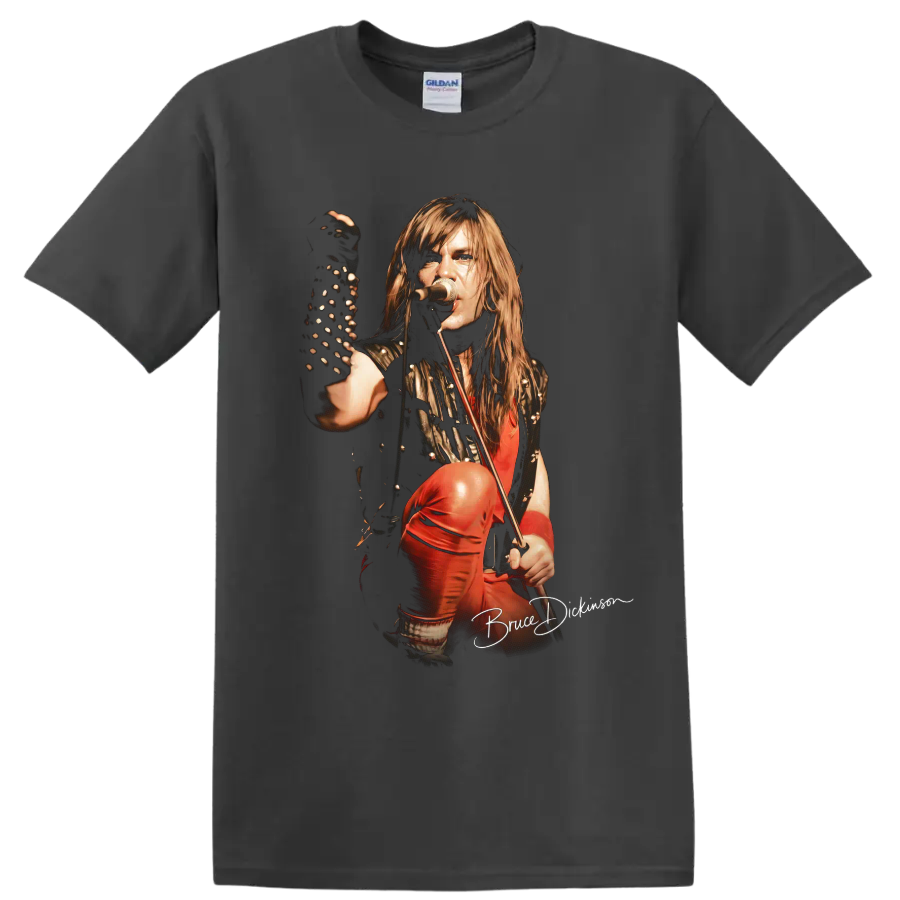 Bruce Dickinson Iron Maiden heavy metal stage performance graphic on a Charcoal T Shirt