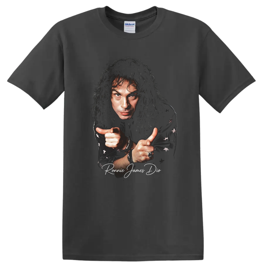 Ronnie James Dio portrait heavy metal graphic with signature on a Charcoal T Shirt