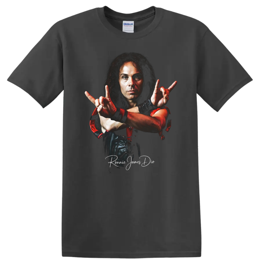 Ronnie James Dio heavy metal portrait with dramatic red accents on a Charcoal T Shirt