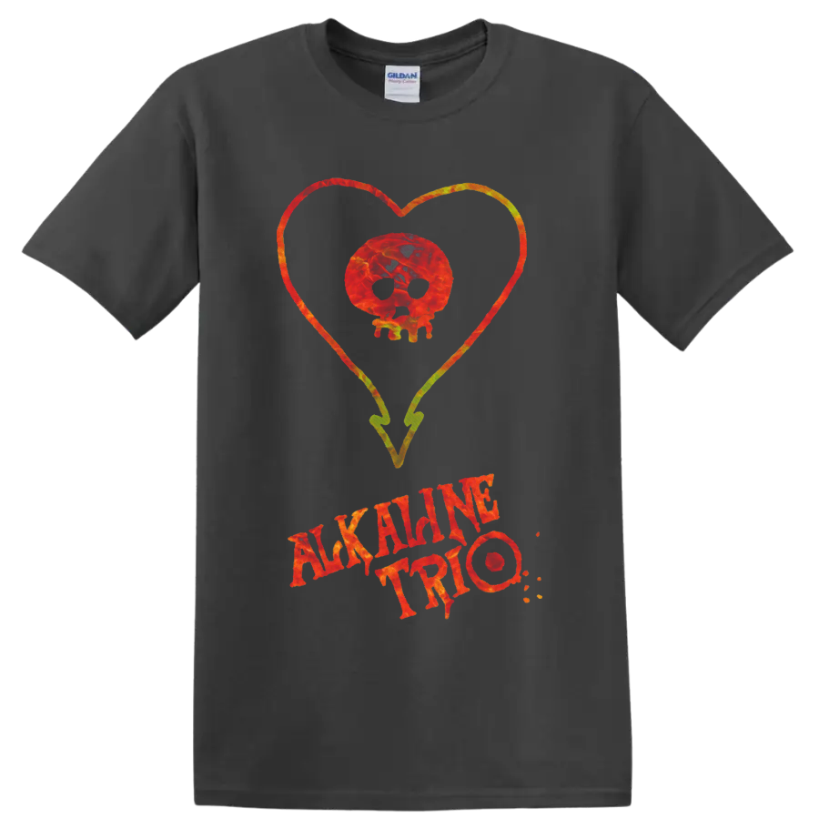 Alkaline Trio skull inside a colorful heart with distressed band lettering on a Charcoal T Shirt