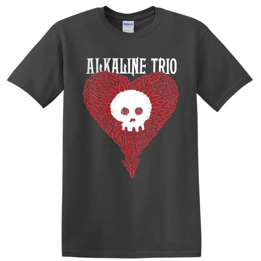 Alkaline Trio distressed skull heart punk rock graphic on a Charcoal T Shirt