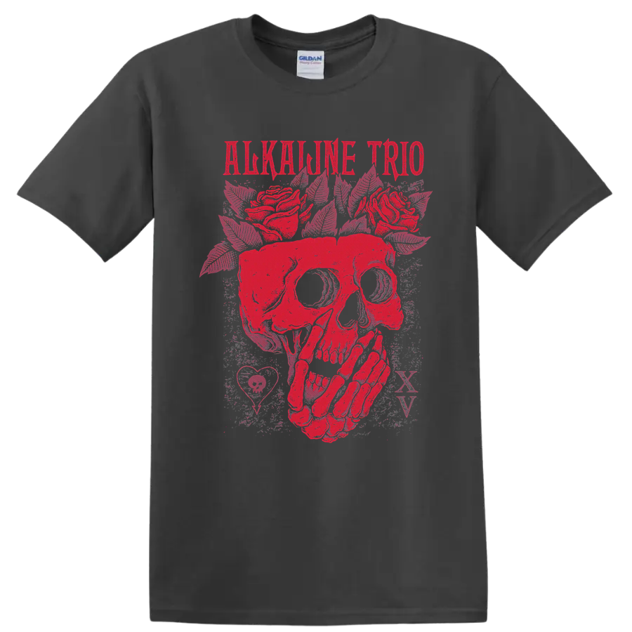 Alkaline Trio distressed red skull and roses punk rock graphic on a Charcoal T Shirt