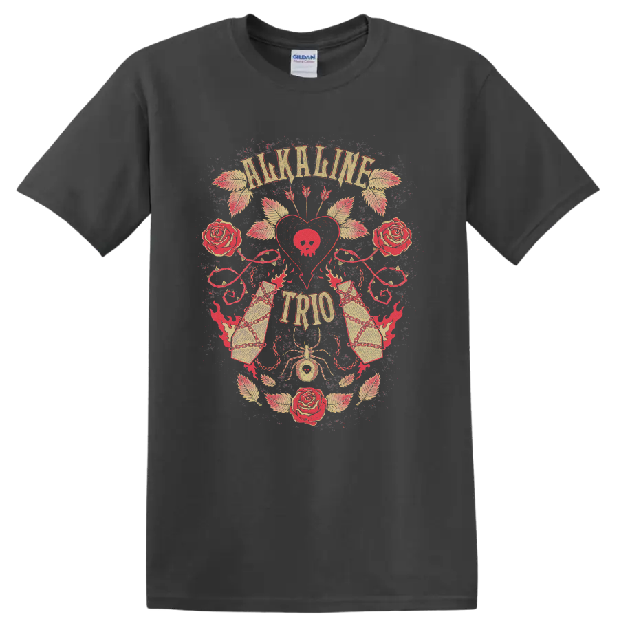 Alkaline Trio distressed punk rock rose heart graphic with ornate details on a Charcoal T Shirt