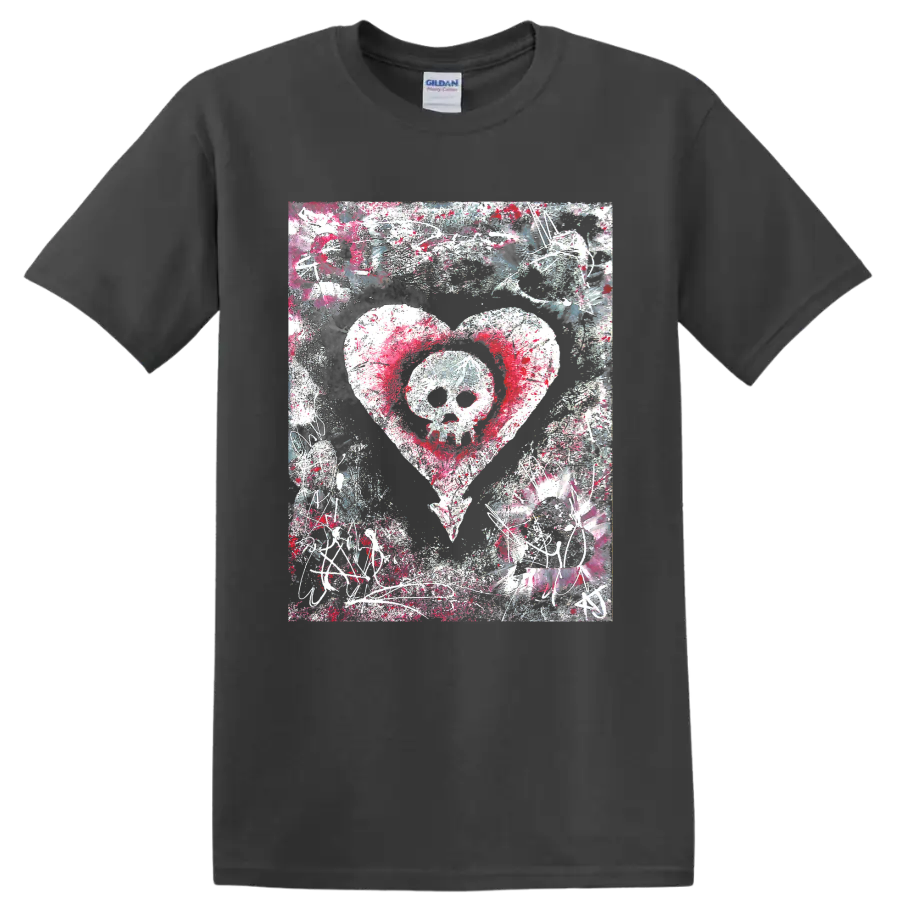 Alkaline Trio skull inside heart punk rock distressed graphic print on a Charcoal T Shirt