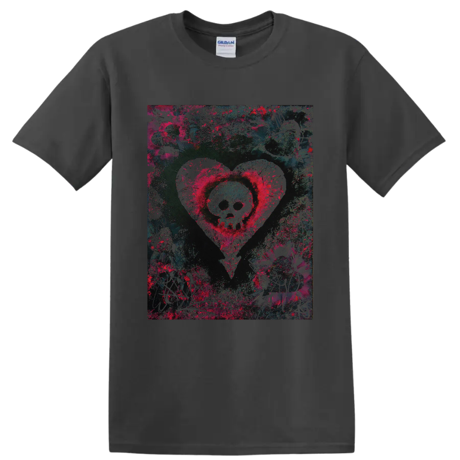 Alkaline Trio skull inside a heart, distressed punk rock graphic on a Charcoal T Shirt
