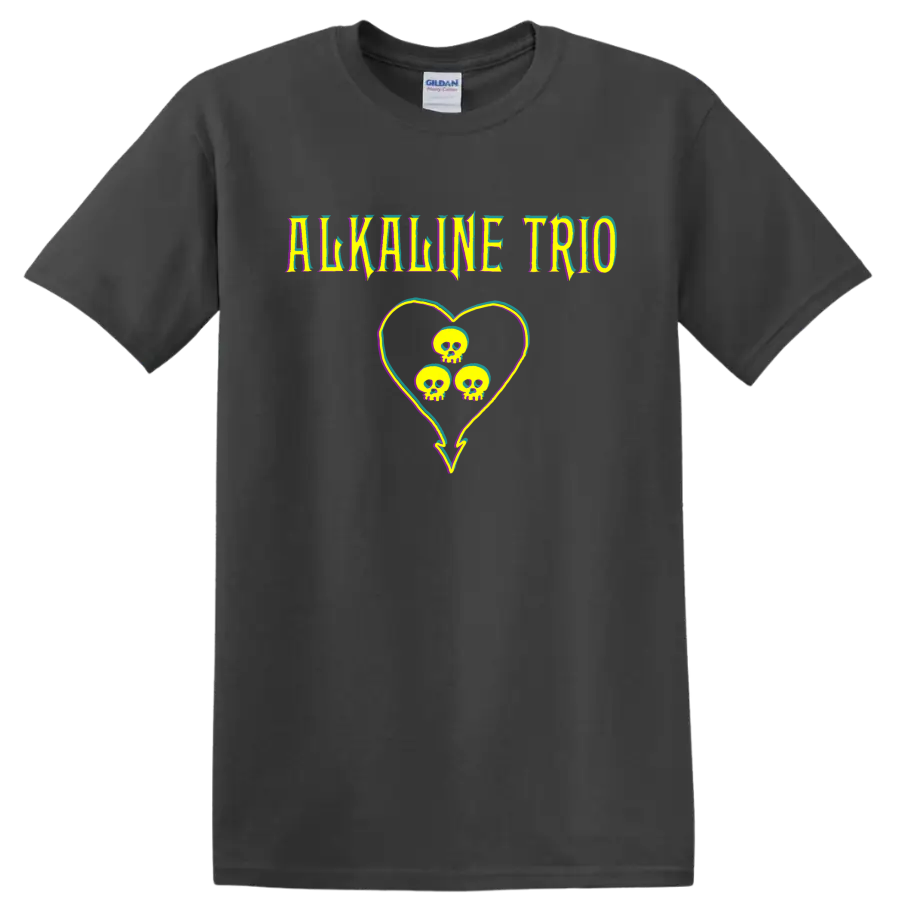 Alkaline Trio punk rock skull heart graphic with colorful glitch accents on a Charcoal T Shirt